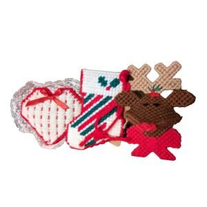 Vintage Handmade Set of 3 Yarncraft Ornaments Reindeer Heart Stocking Christmas